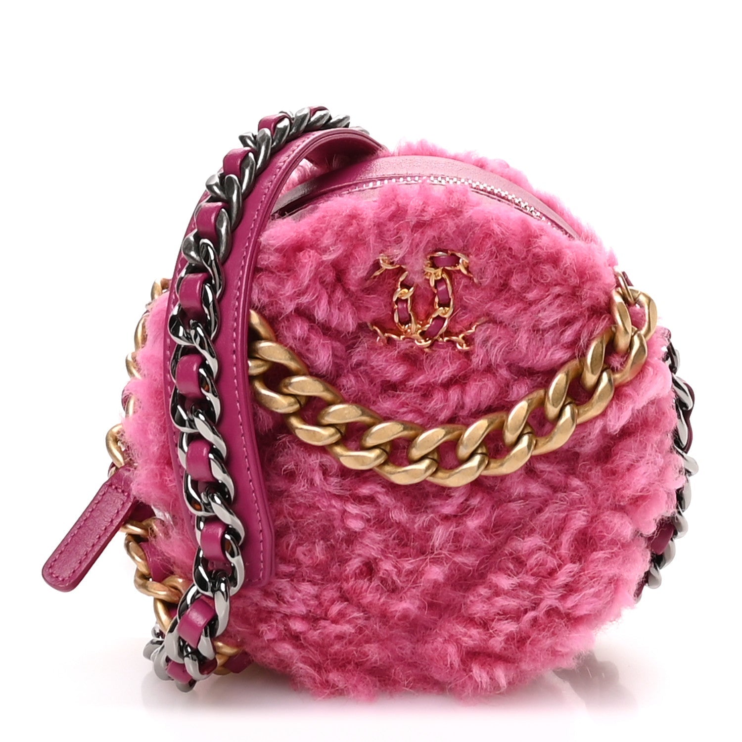 Chanel Shearling Sheepskin Chanel 19 Round Clutch With Chain Dark Pink