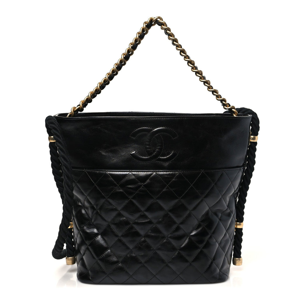 Chanel Crumpled Calfskin En Vogue Rope Hobo Bag Black