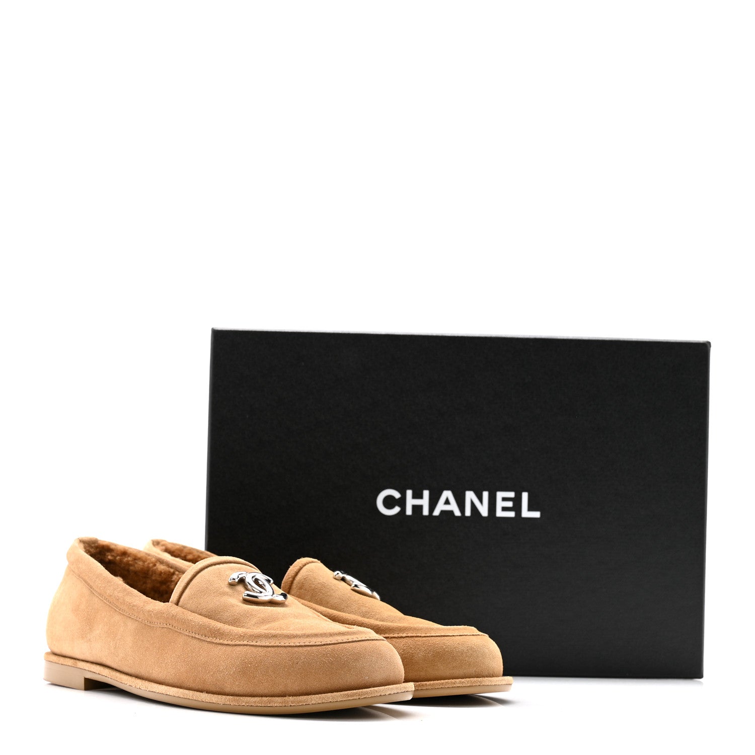 Chanel Suede Calfskin CC Loafers 38.5 Dark Beige