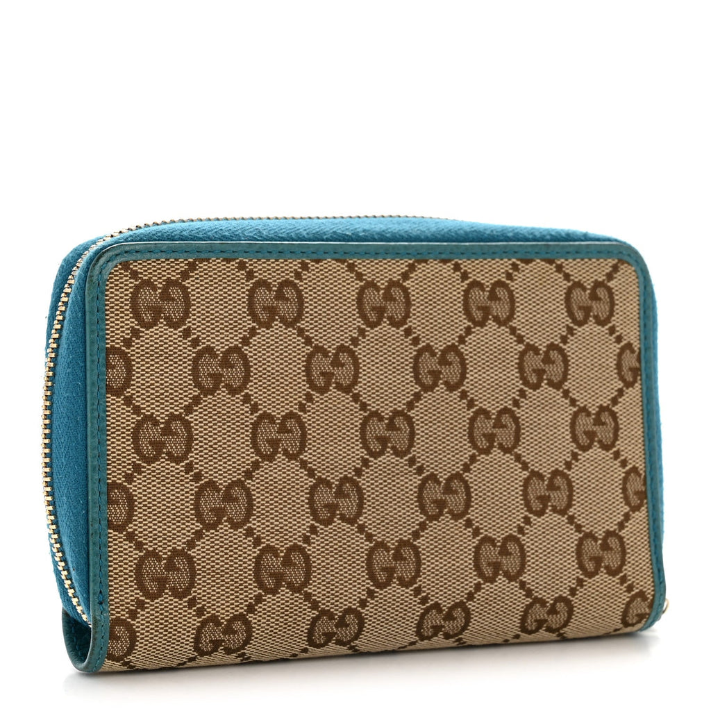 Gucci Monogram Dollar Calfskin Zip Around Compact Wallet Beige Ebony Deep Cobalt