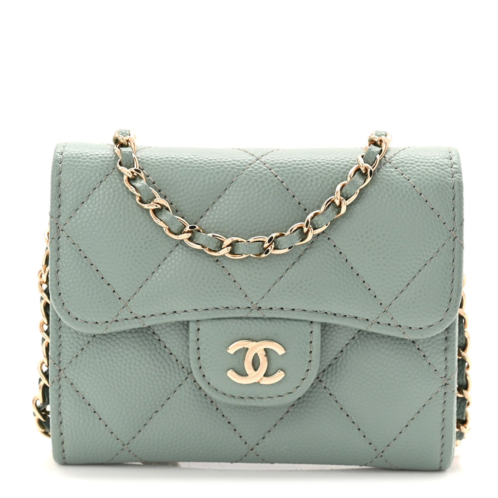 Caviar Quilted Flap Card Holder On Chain Light Green
