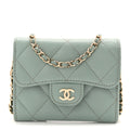 Caviar Quilted Flap Card Holder On Chain Light Green