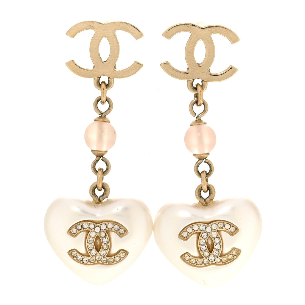Metal Pearl Crystal Bead CC Heart Drop Earrings Pink Gold