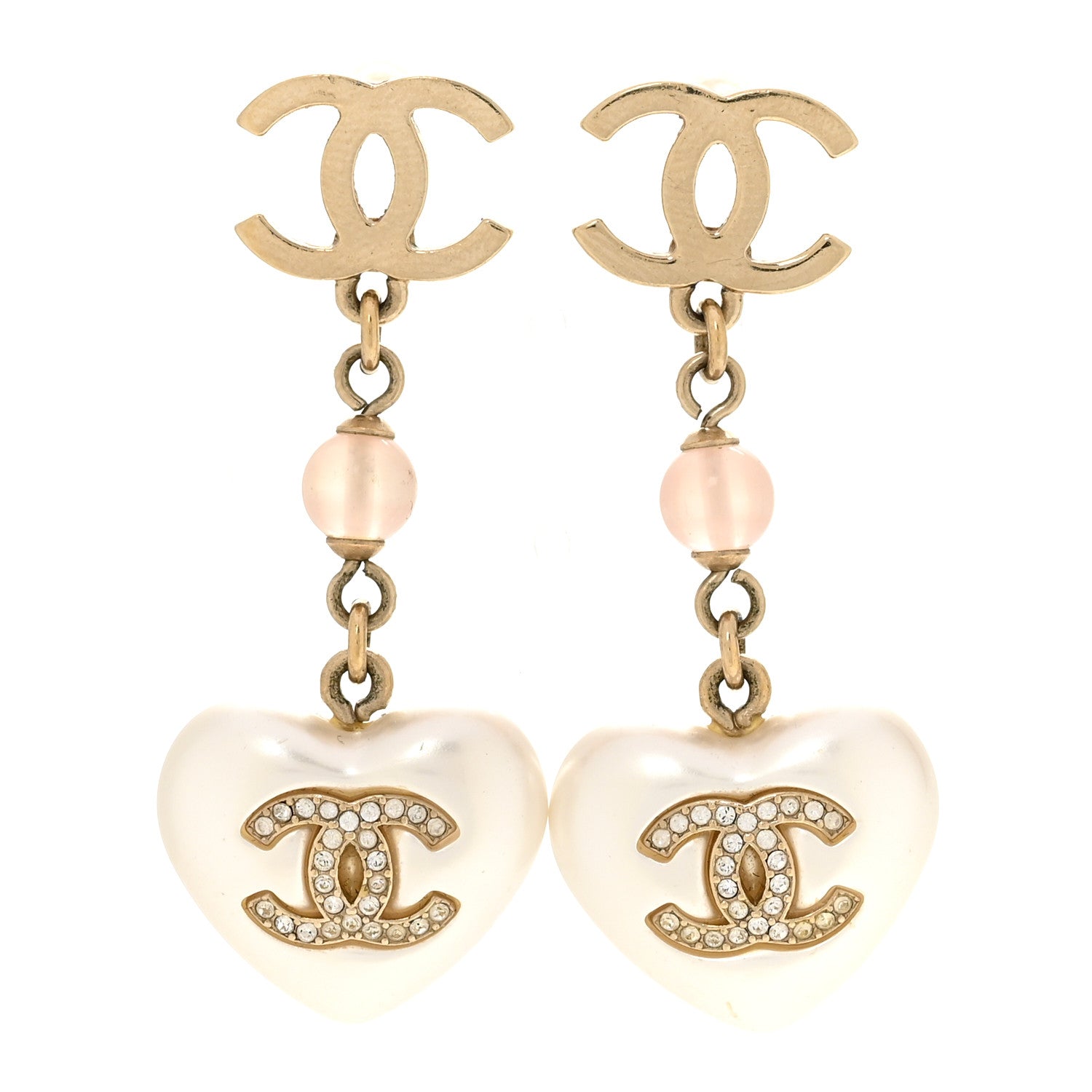 Metal Pearl Crystal Bead CC Heart Drop Earrings Pink Gold