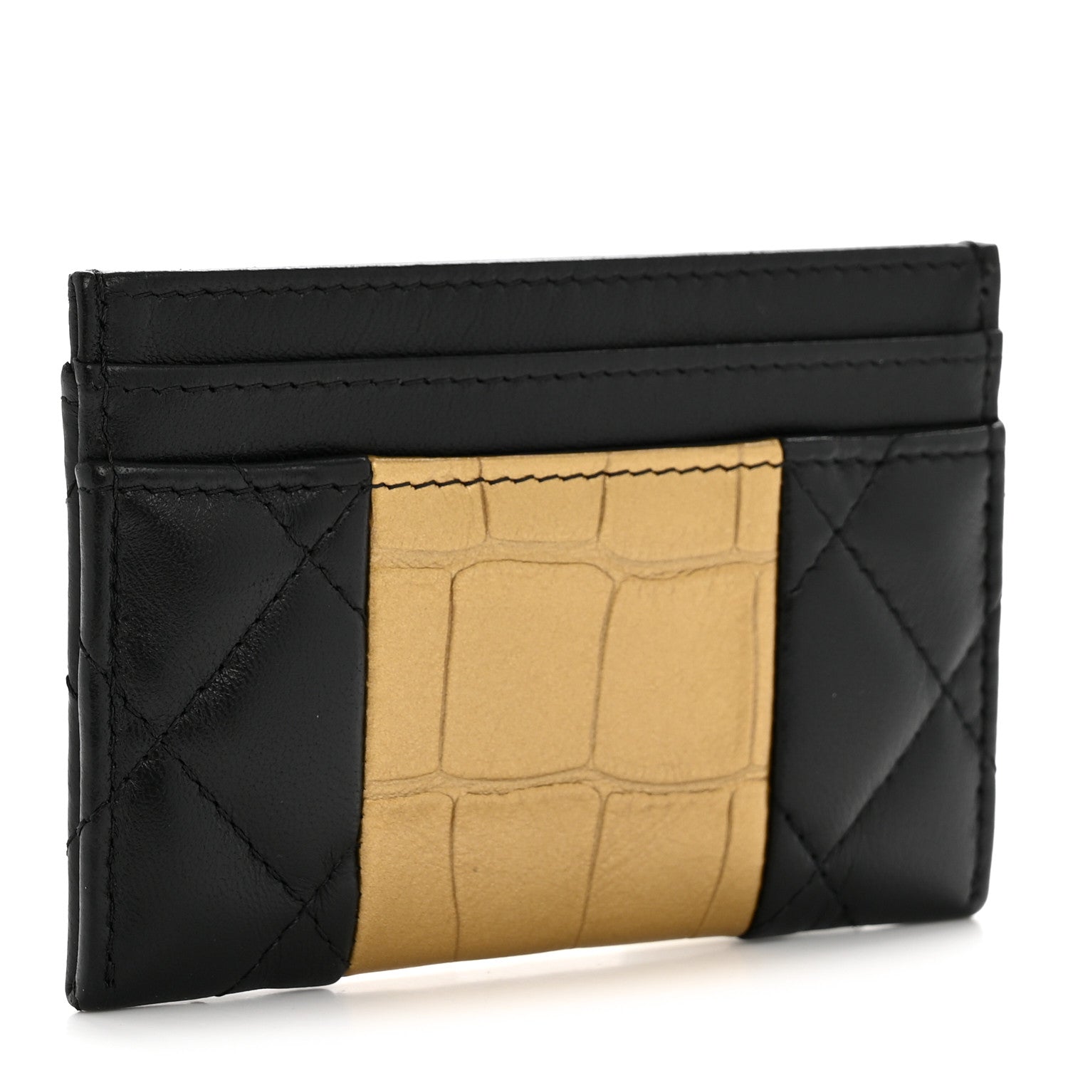 Lambskin Metallic Calfskin Crocodile Embossed 2.55 Reissue Card Holder Black Gold
