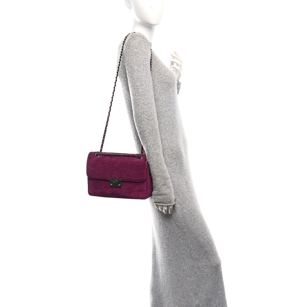 Chanel Suede Lambskin Scallop Quilted Medium Pagoda Flap Purple