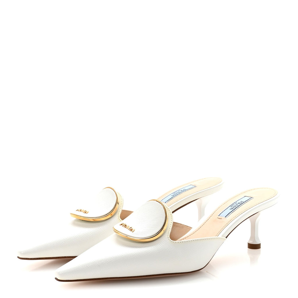 Prada Saffiano Logo Pointed Toe 50mm Mules 36 White