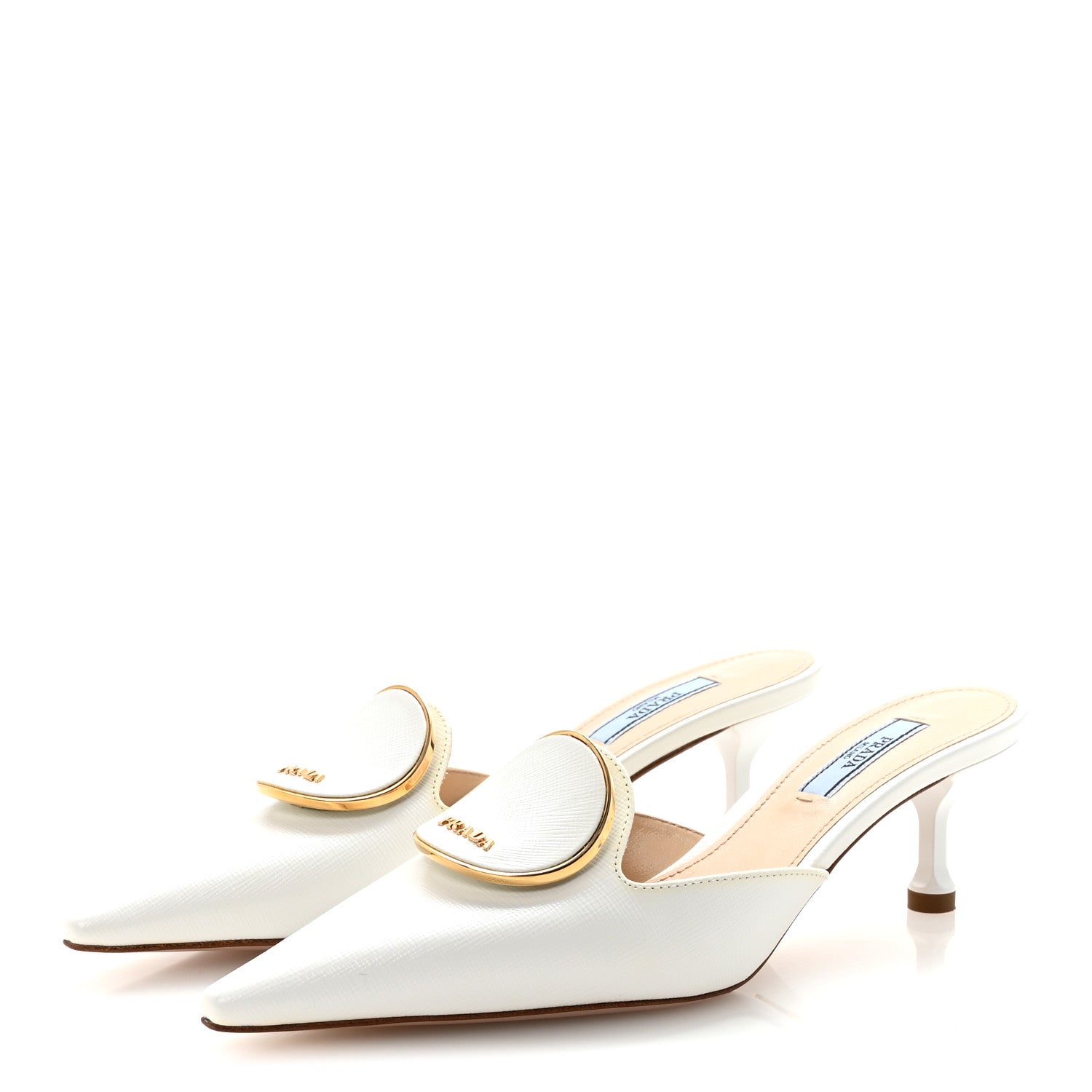 Prada Saffiano Logo Pointed Toe 50mm Mules 36 White