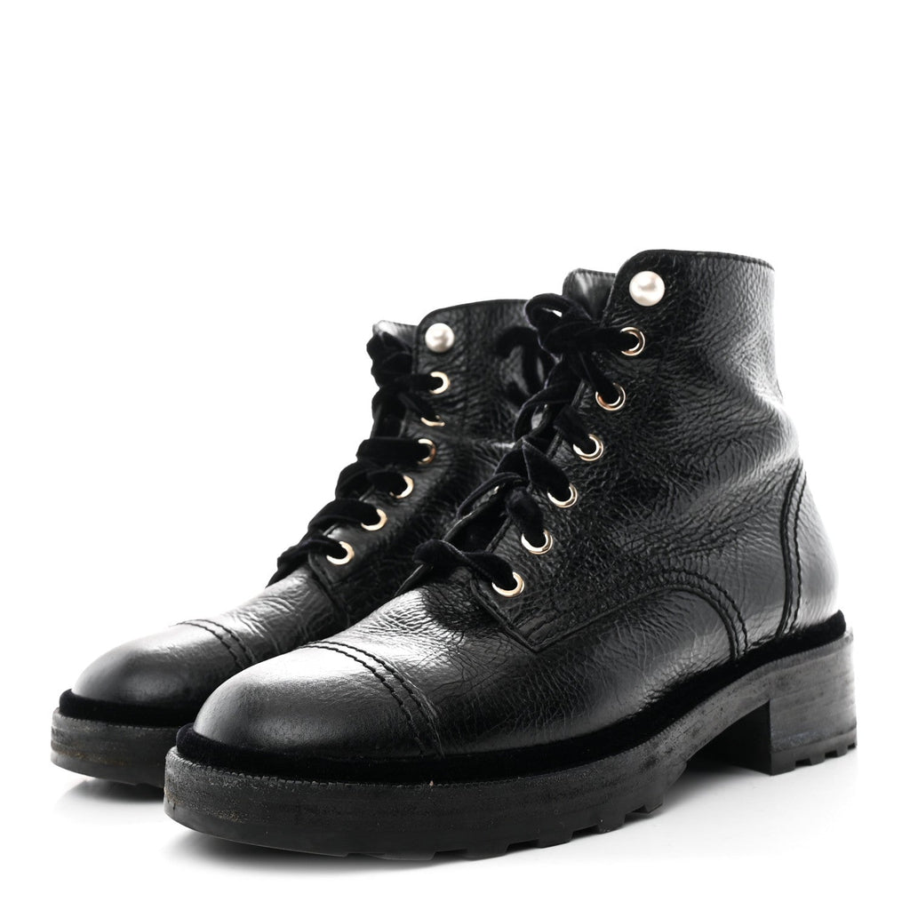 Chanel Shiny Calfskin Velvet Pearl Combat Short Boots 39 Black