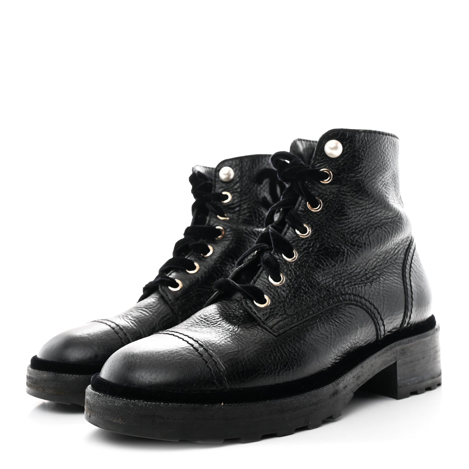 Chanel Shiny Calfskin Velvet Pearl Combat Short Boots 39 Black