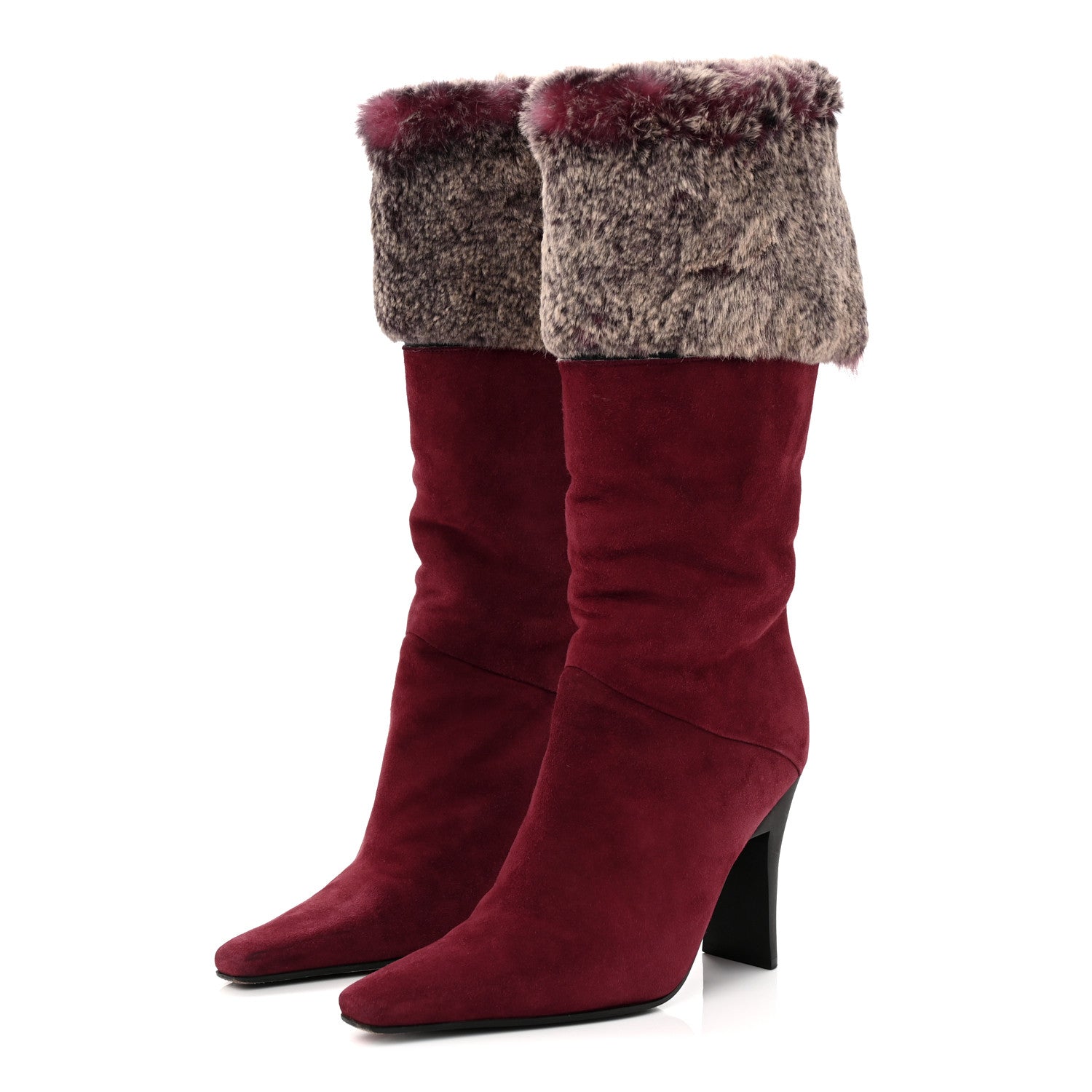 Chanel Suede Fur Fold Over Boots 37 Red