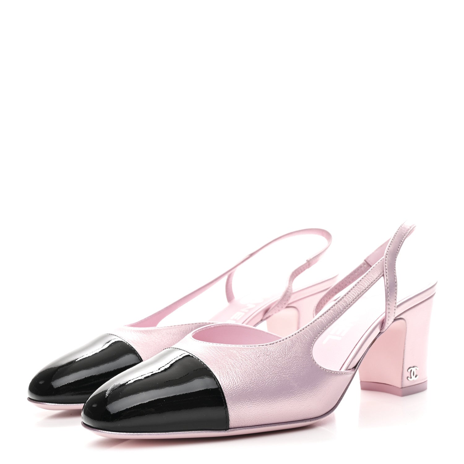 Laminated Lambskin Patent Cap Toe CC Slingback Pumps 37 Light Pink Black