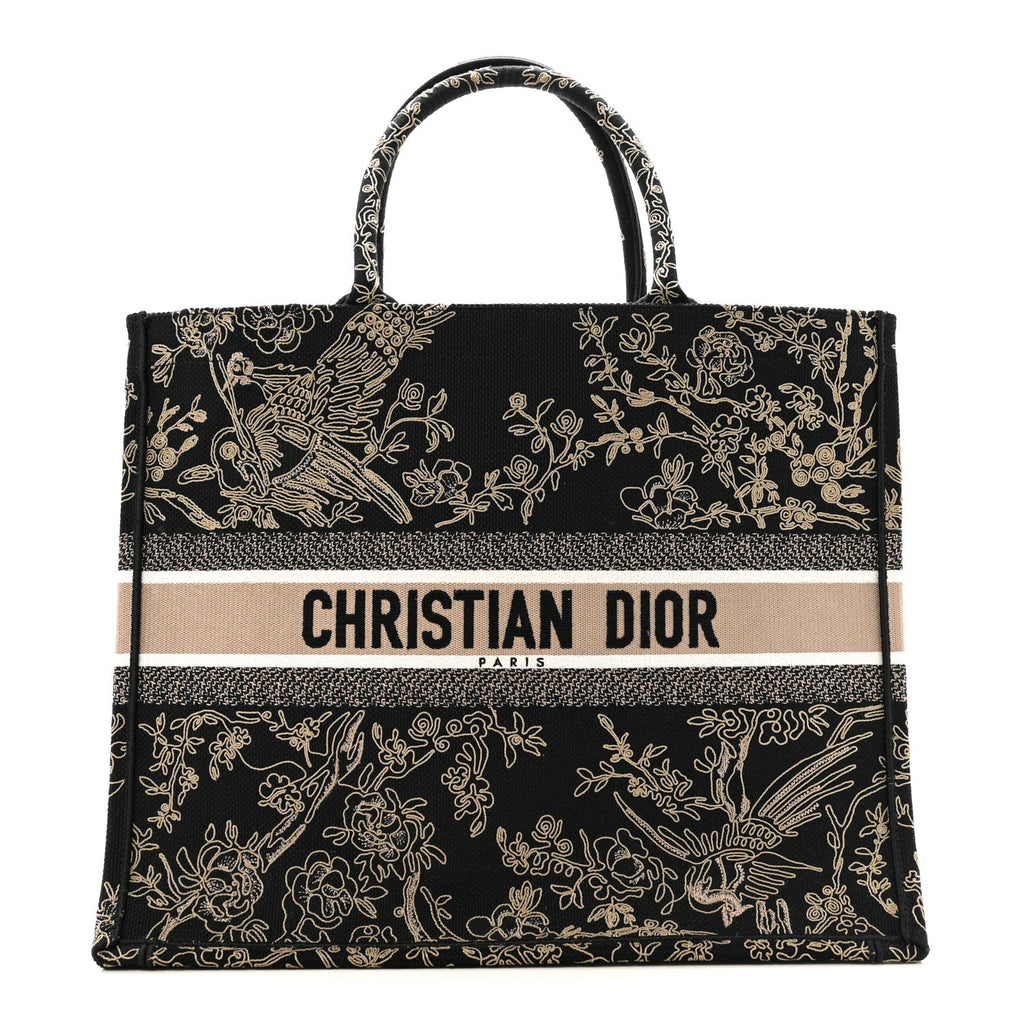 Christian Dior Canvas Embroidered Large Ornamental Cornely Book Tote Black Beige