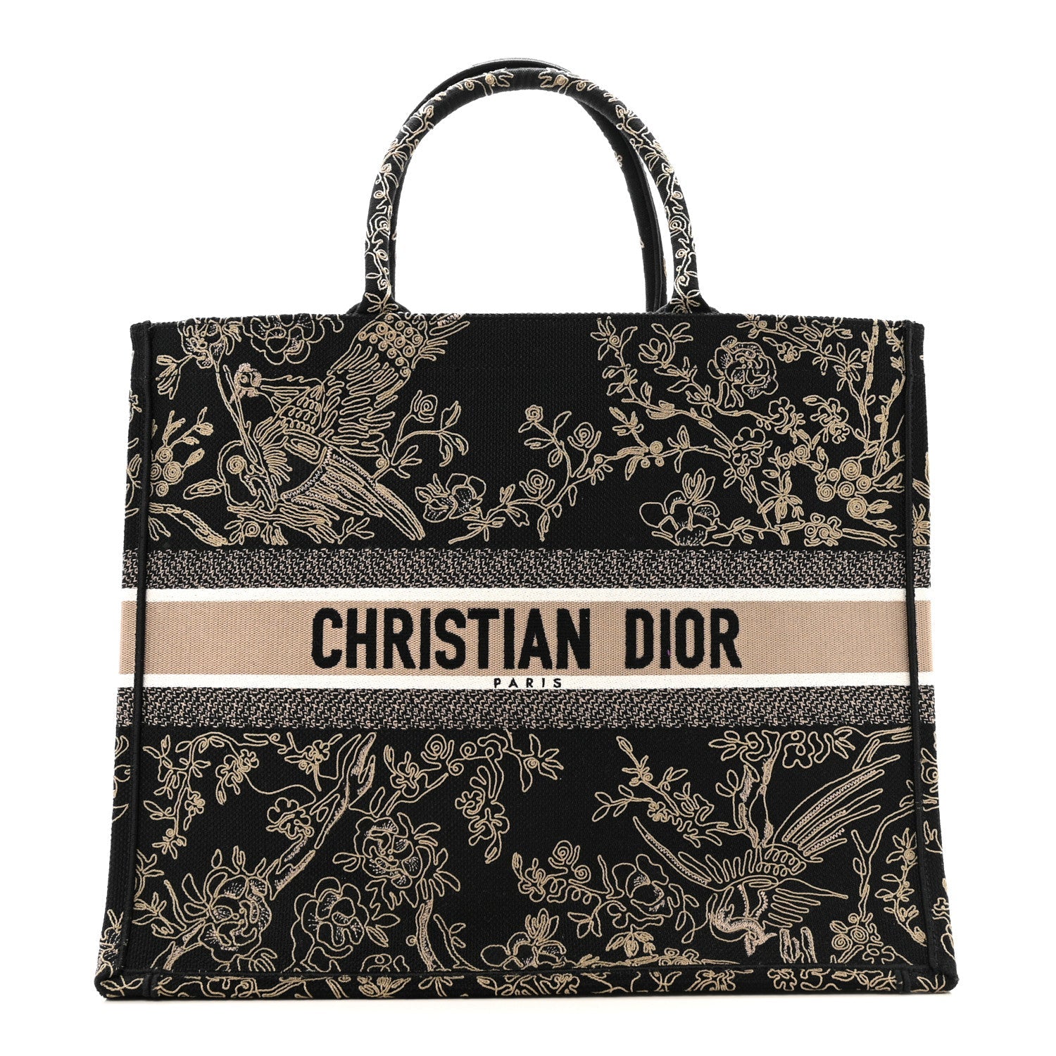 Christian Dior Canvas Embroidered Large Ornamental Cornely Book Tote Black Beige