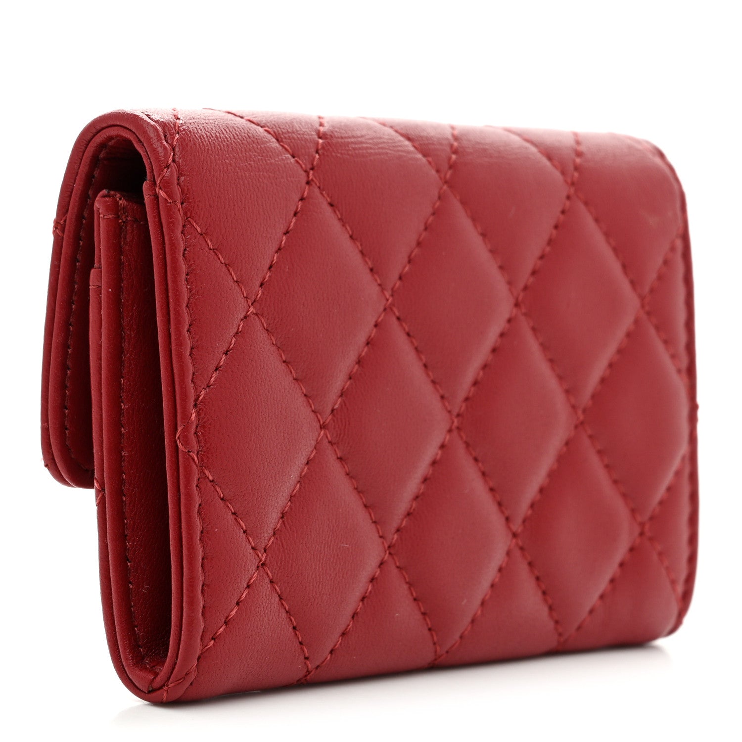 Lambskin Pearl Enamel Quilted Flap Card Holder Red