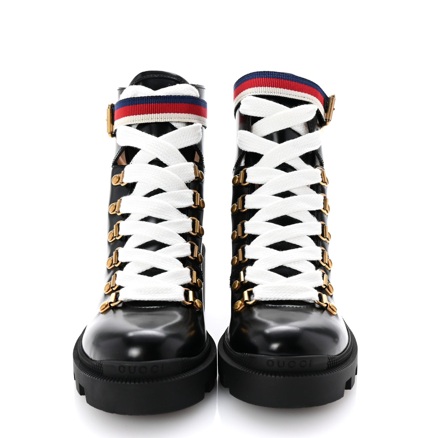 Gucci Calfskin Sylvie Web Lace Up Combat Boots 35 Black