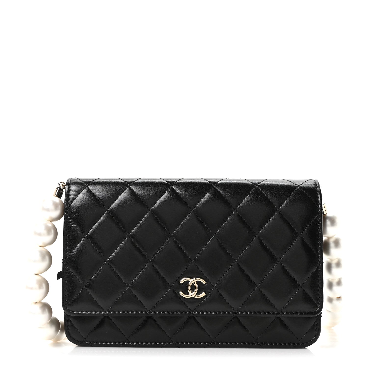 Chanel Calfskin Quilted Maxi Pearl Wallet On Chain WOC Black