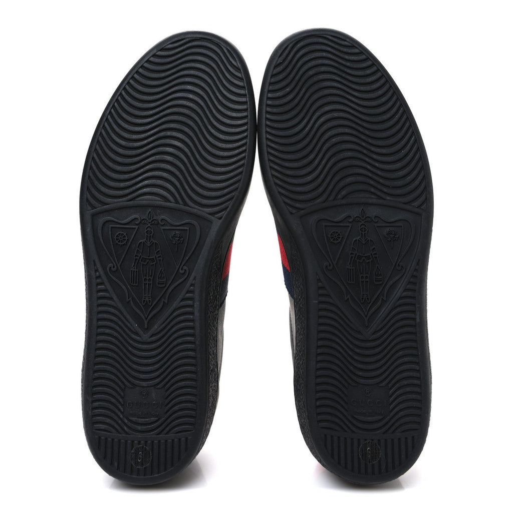 Gucci Miro Soft Calfskin Laminated Ayers Web Bee Embroidered Mens Ace Sneakers 6 Black Red Flame Night