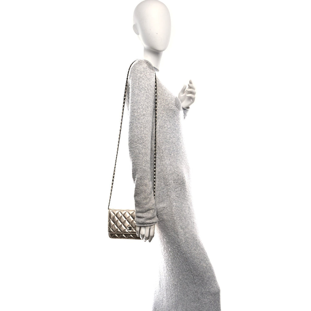 Chanel Metallic Lambskin Quilted Wallet On Chain WOC Gold Black
