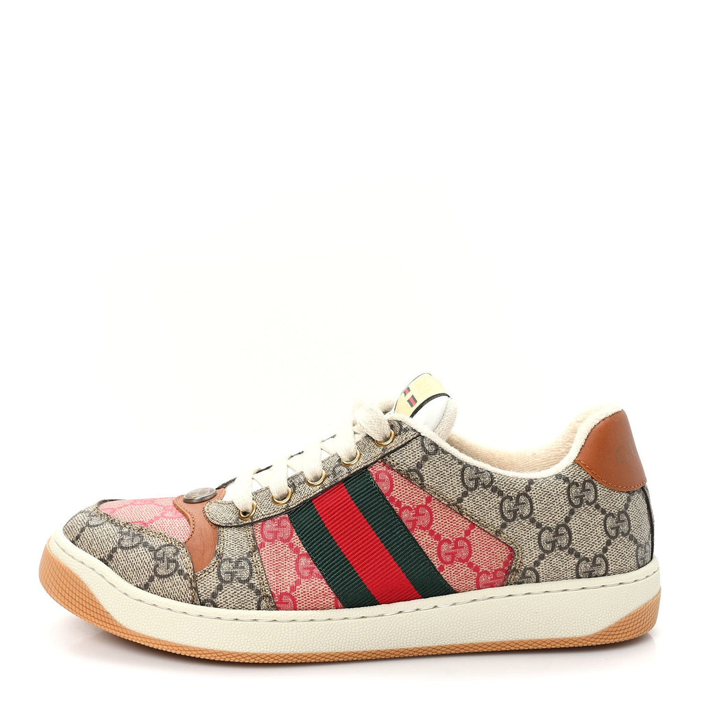 Gucci GG Supreme Monogram Harness Calfskin Web Womens Screener Sneakers 39 Beige Ebony Rosso Harness Brown