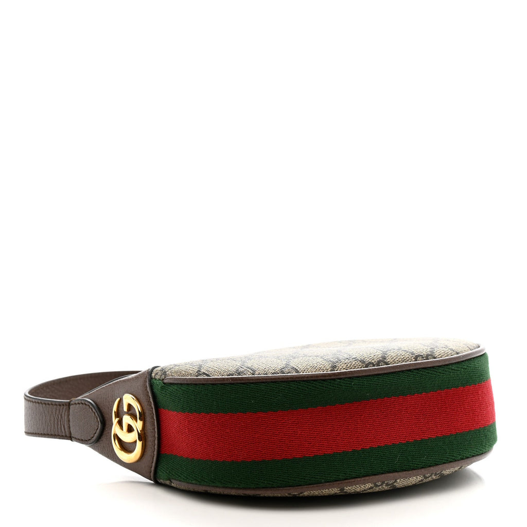 Gucci GG Supreme Monogram Textured Calfskin Web Mini Ophidia Half Moon Hobo Beige Ebony New Acero