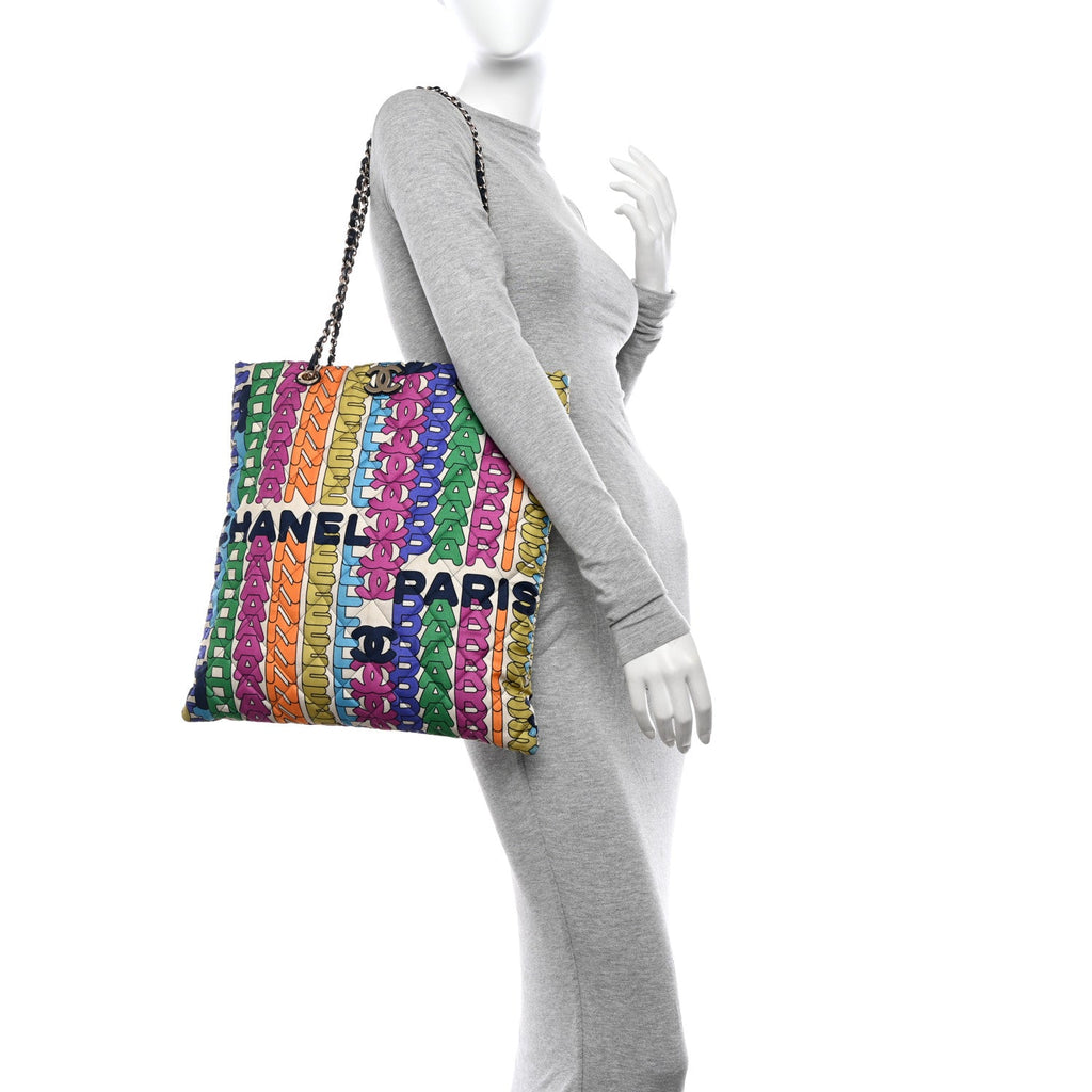 Chanel Printed Fabric Quilted Logo Large Shopping Tote Multicolor