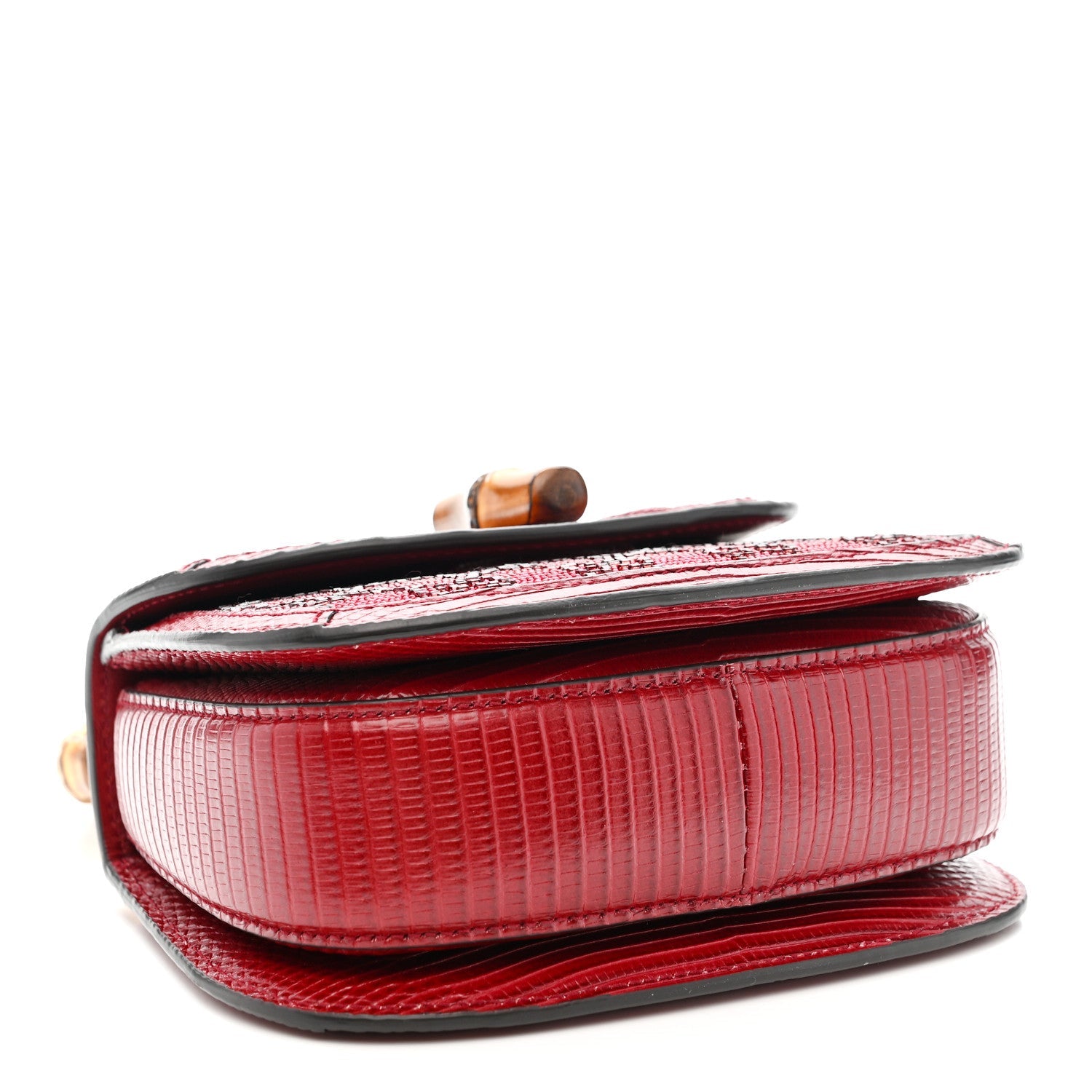 Gucci Moire Fabric Calfskin Rhinestone Monogram Monochrome Lizard Embossed Mini Bamboo 1947 Top Handle Chain Bag Red