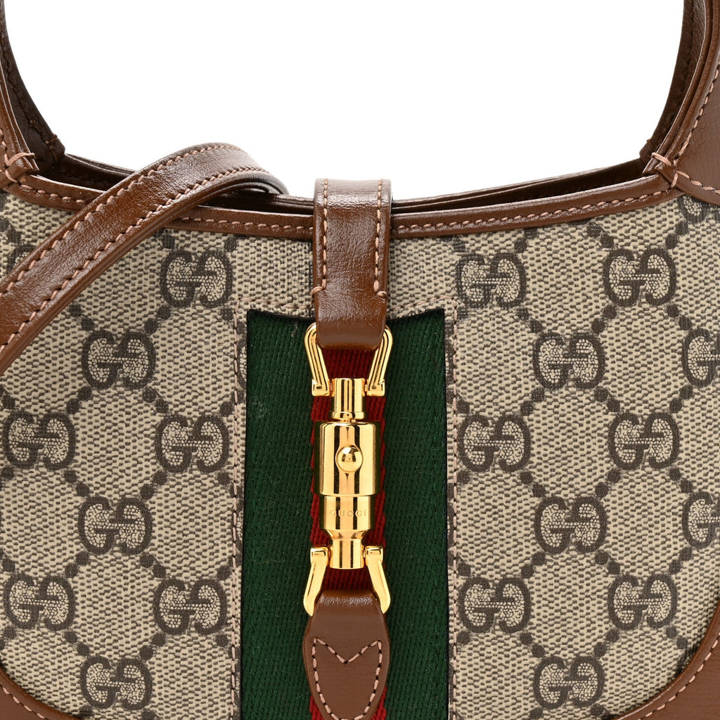 Gucci GG Supreme Monogram Azalea Calfskin Web Mini Jackie 1961 Hobo Beige Ebony Brown Sugar