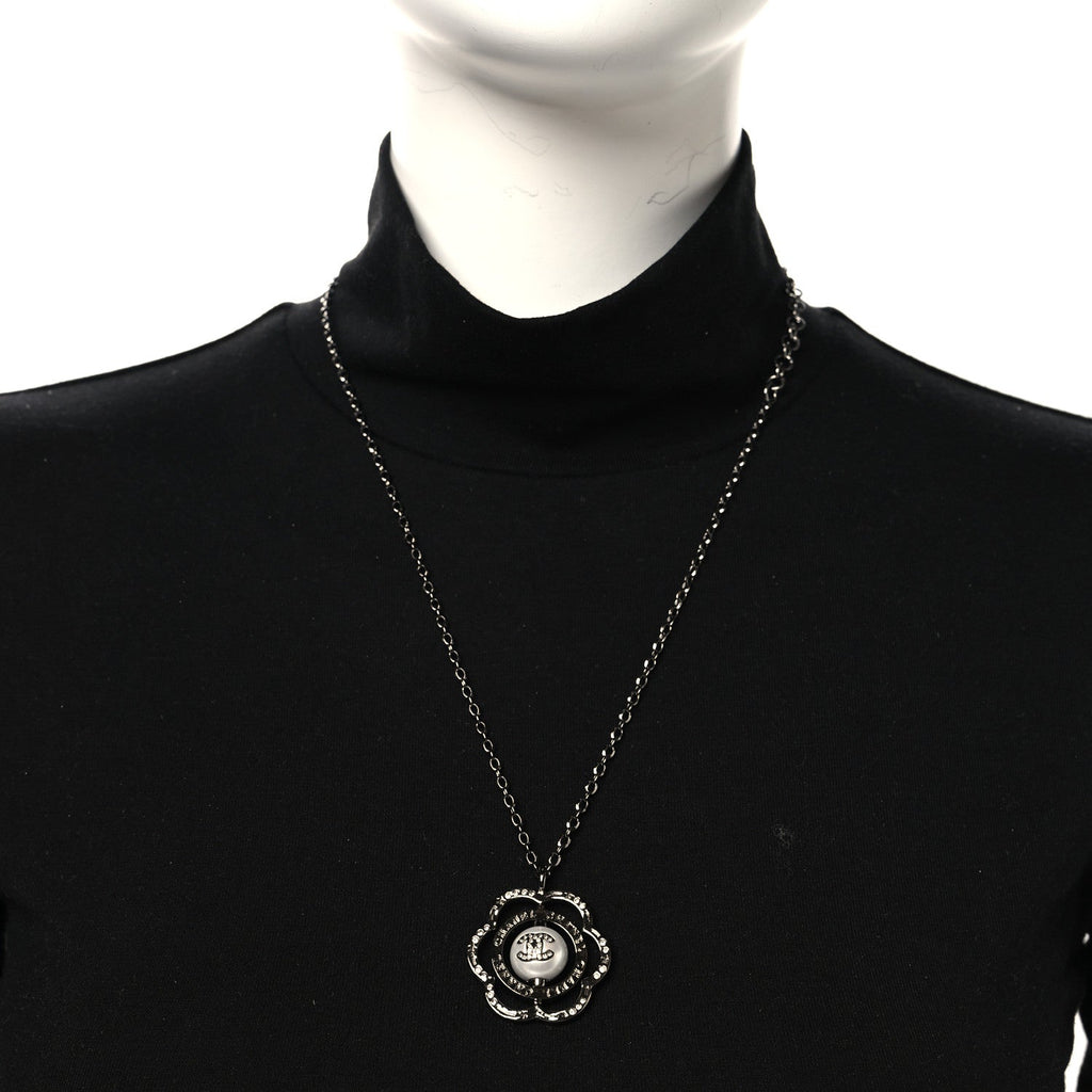 Metal Crystal Pearl CC Camellia Pendant Necklace Silver