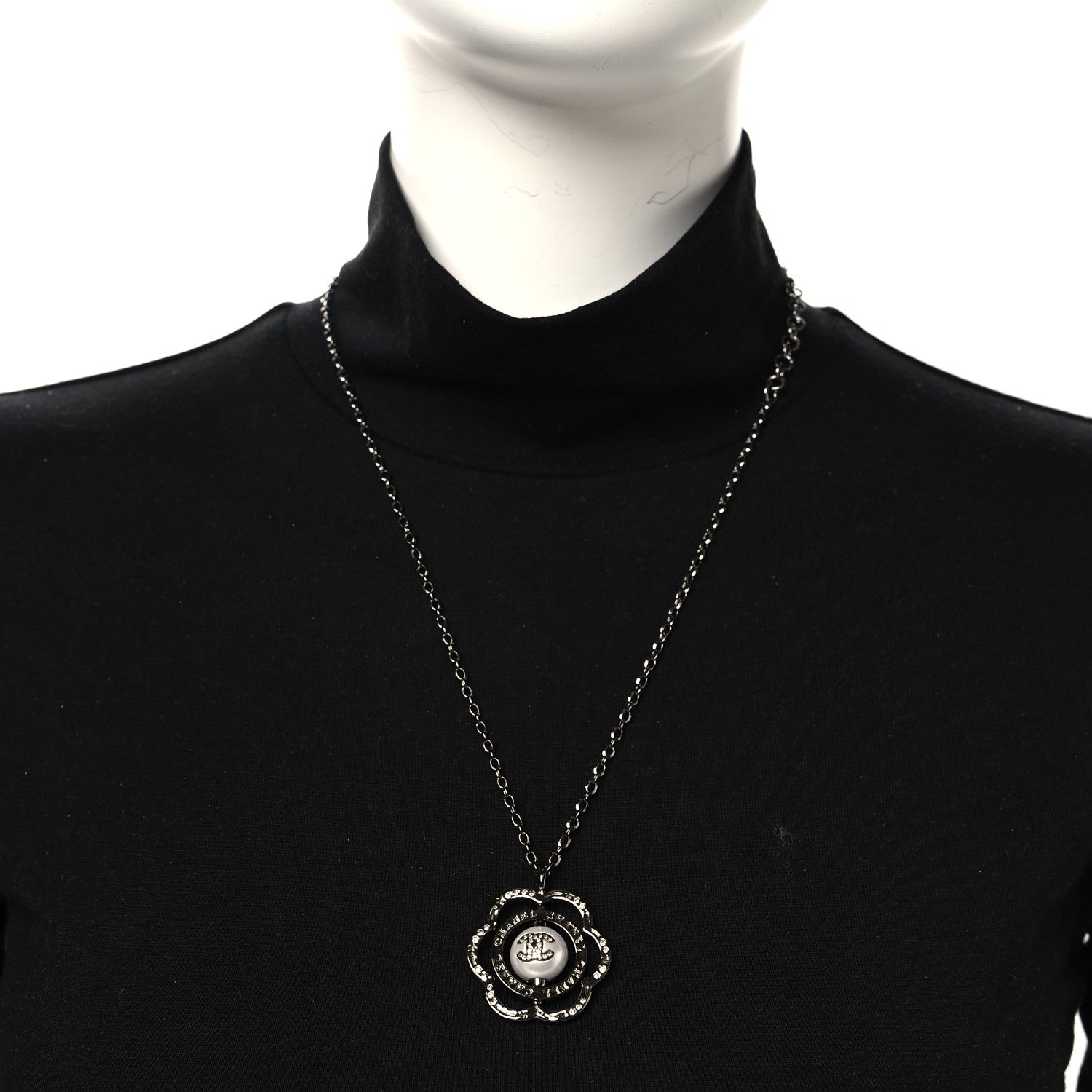 Metal Crystal Pearl CC Camellia Pendant Necklace Silver