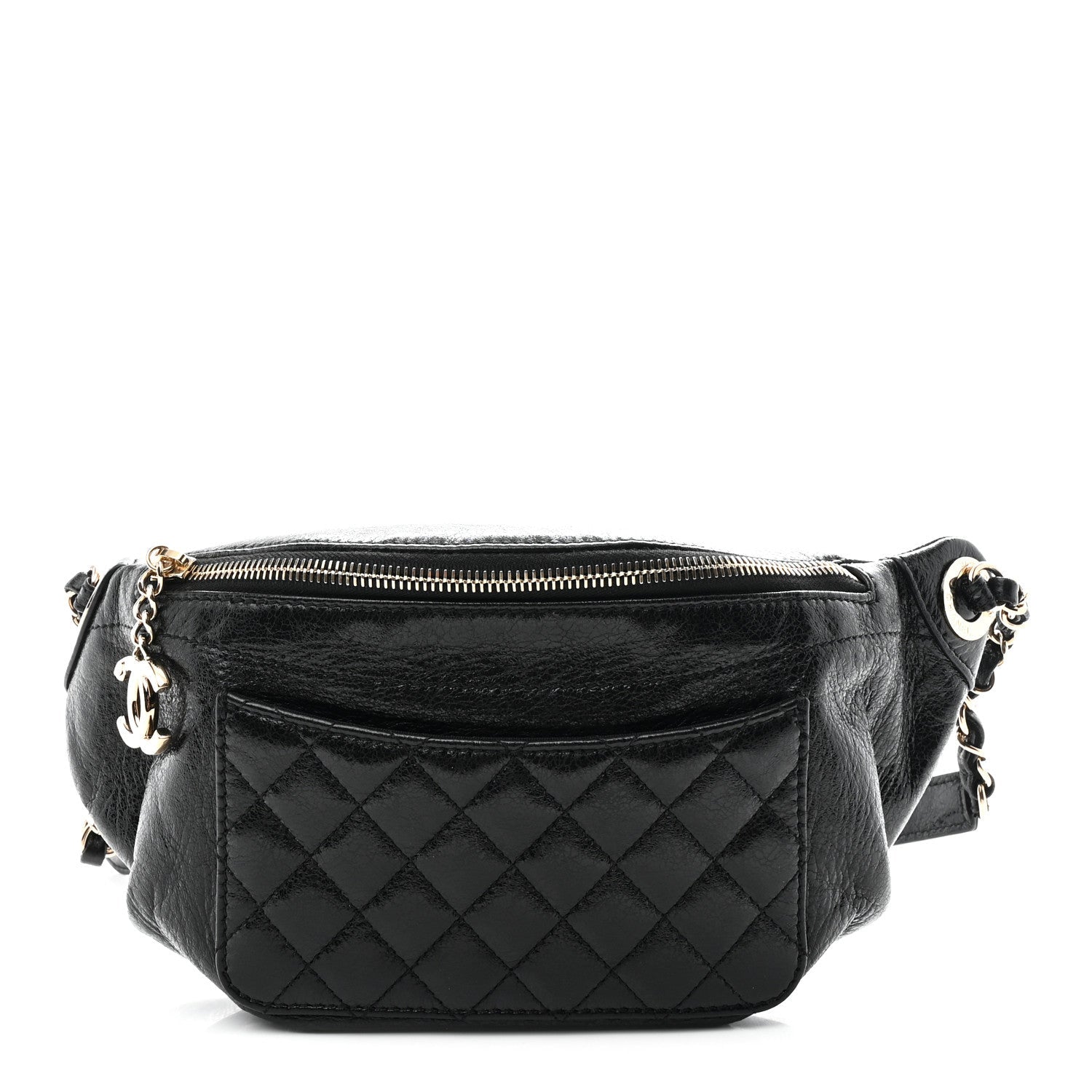 Chanel Crumpled Glazed Lambskin Quilted Waist Bag Fanny Pack Black