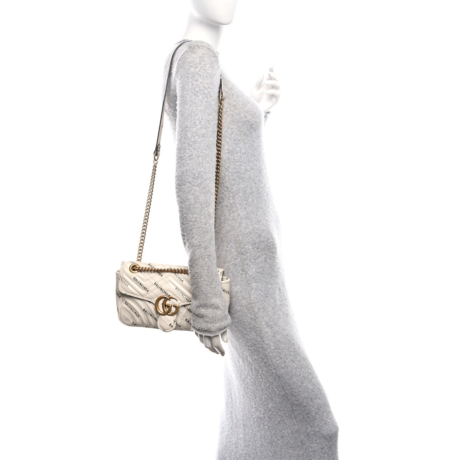 Gucci X BALENCIAGA Calfskin Matelasse Logo Print Small GG Marmont Shoulder Bag White