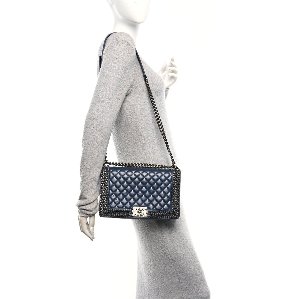 Chanel Glazed Calfskin Quilted New Medium Boy Chained Flap Navy