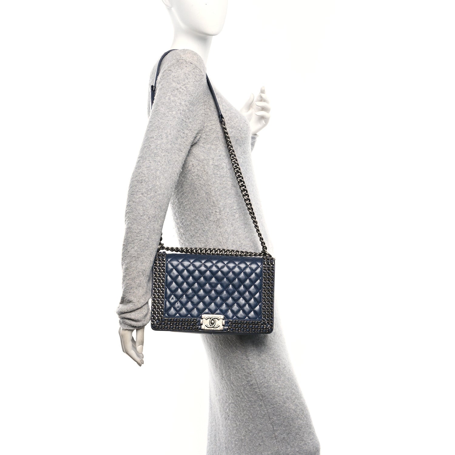 Chanel Glazed Calfskin Quilted New Medium Boy Chained Flap Navy