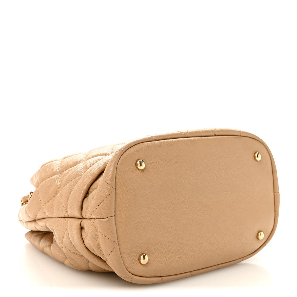 Chanel Caviar Quilted Large Rolled Up Bucket Drawstring Bag Beige