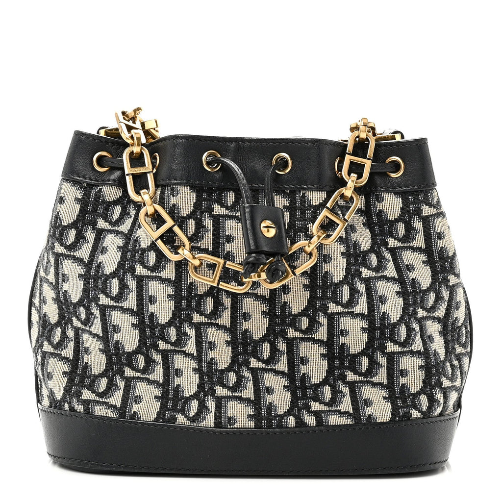 Christian Dior Oblique Drawstring Chain Bucket Bag Blue
