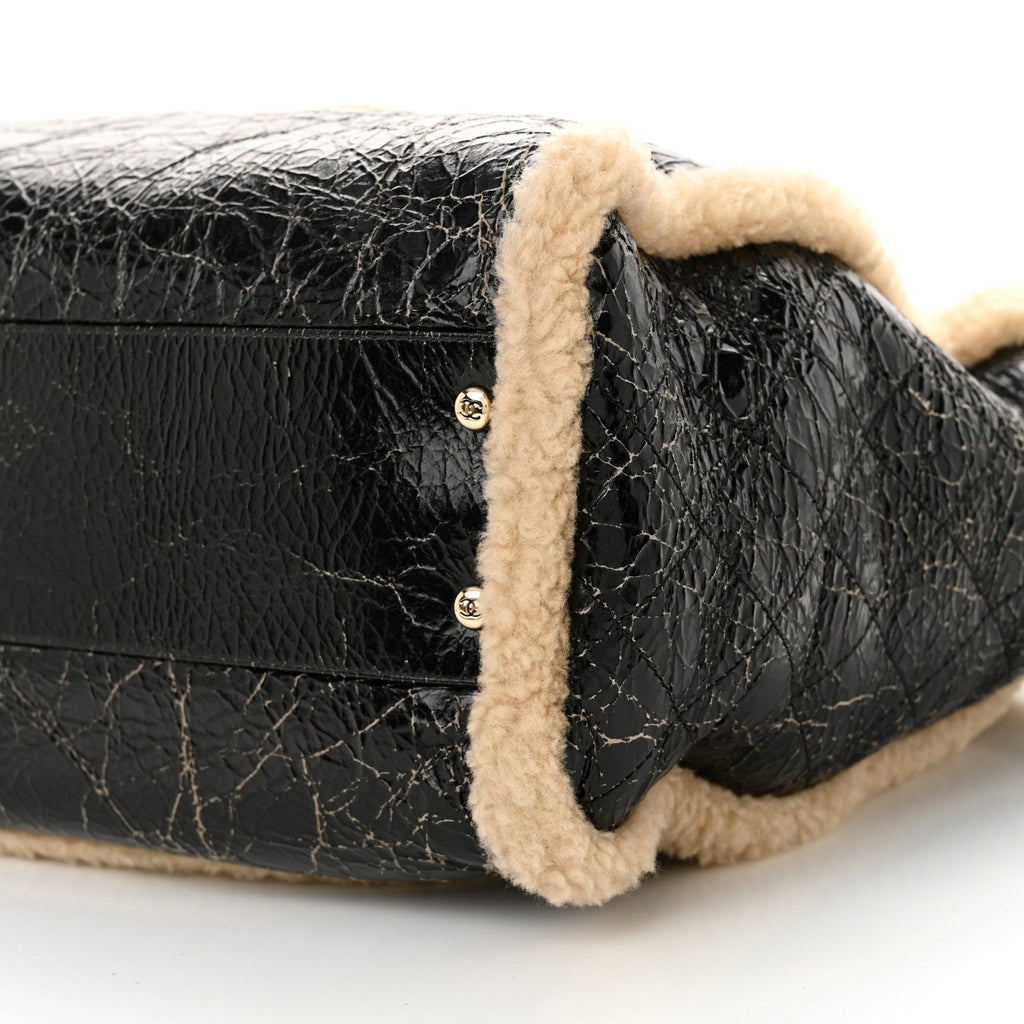 Chanel Shiny Crumpled Sheepskin Shearling CC Mania Tote Bag Black Beige
