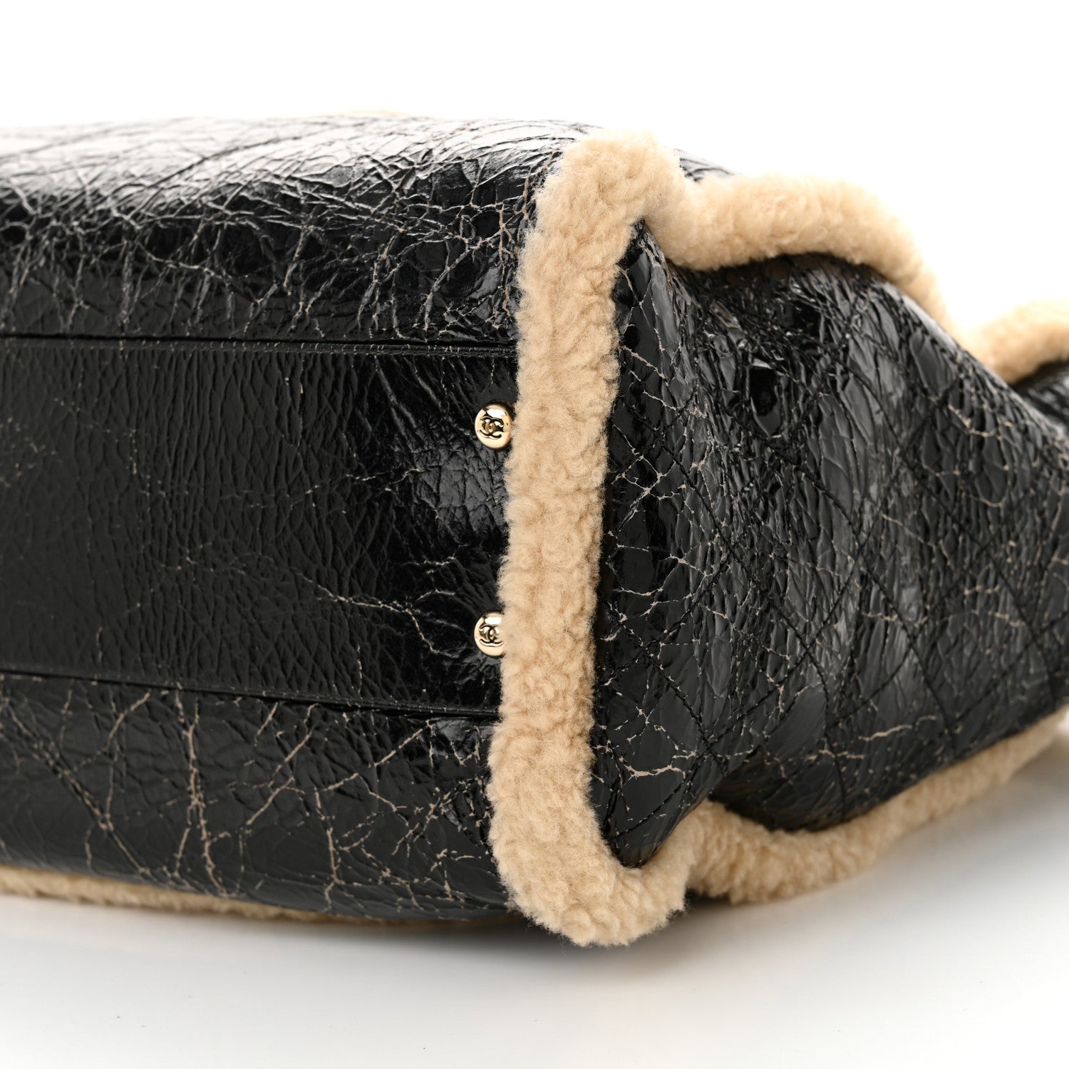 Chanel Shiny Crumpled Sheepskin Shearling CC Mania Tote Bag Black Beige