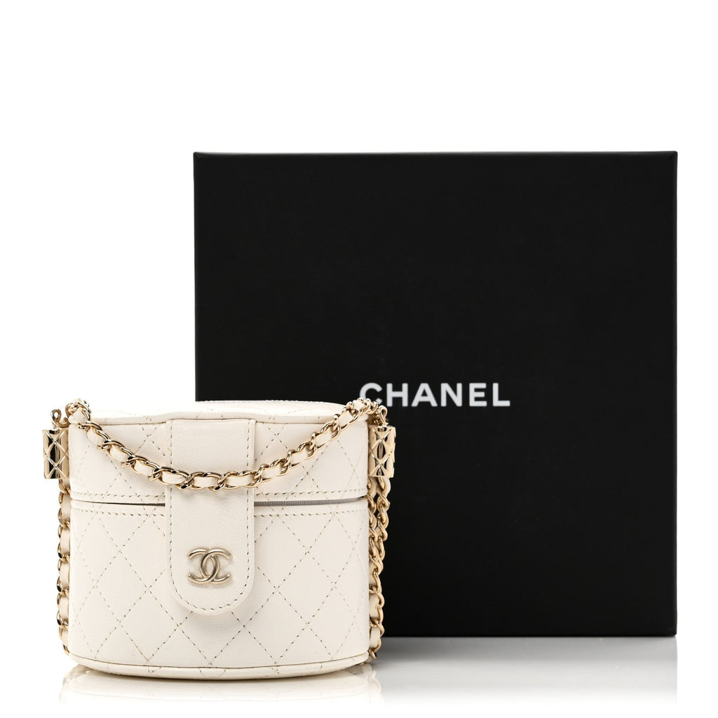 Chanel Lambskin Quilted Round Mini Vanity Case With Chain White