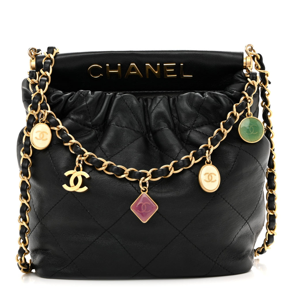 Chanel Lambskin Resin Quilted Small Bucket Bag Black