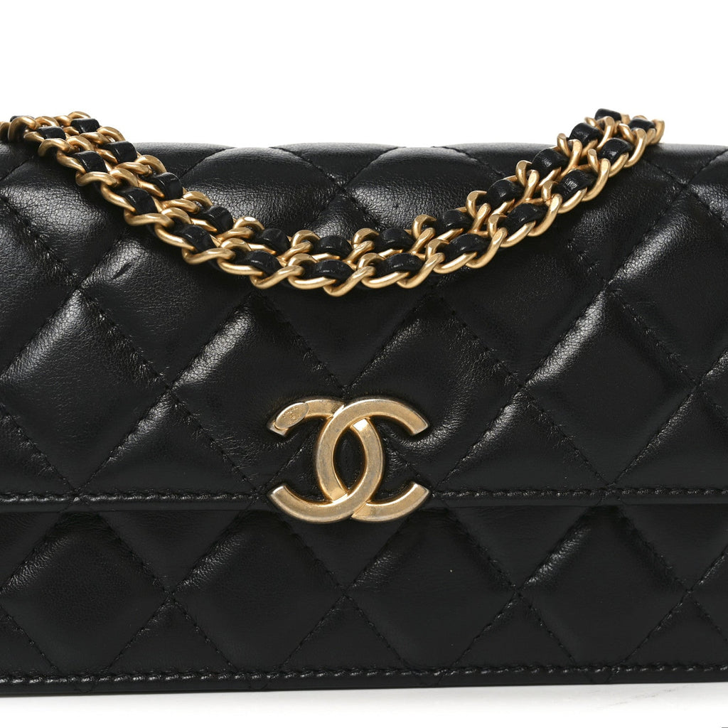 Chanel Lambskin Quilted Double Chain Flap Phone Holder With Chain Black