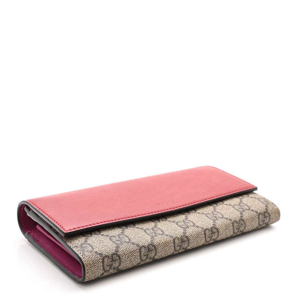 Gucci GG Supreme Monogram Calfskin Continental Wallet Beige Ebony Hibiscus Red New Rosette