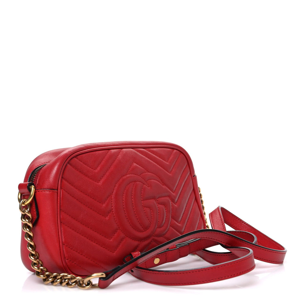 Gucci Calfskin Matelasse Small GG Marmont Chain Shoulder Bag Hibiscus Red