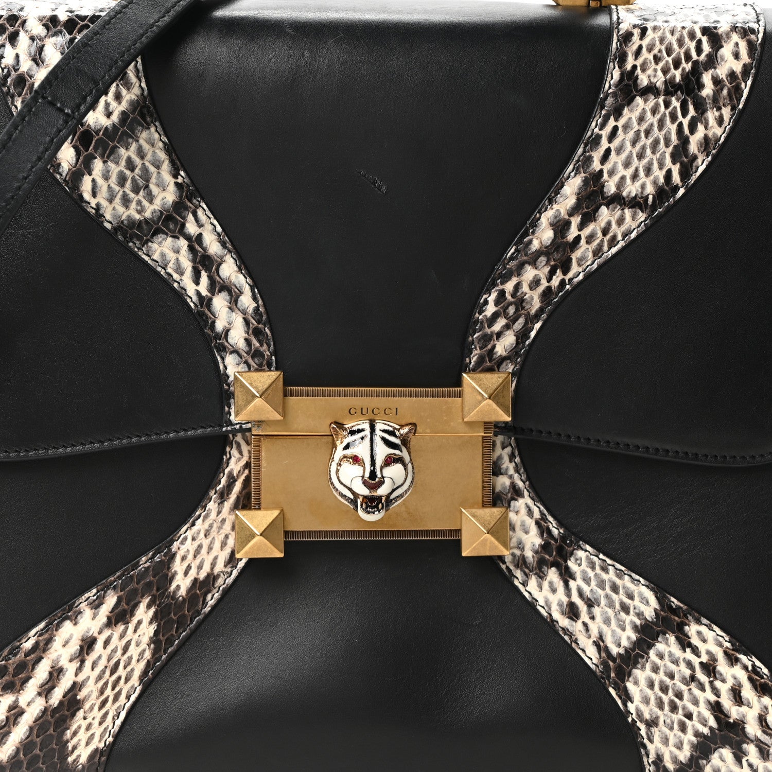Gucci Calfskin Snakeskin GG Supreme Monogram Medium Osiride Top Handle Bag Black