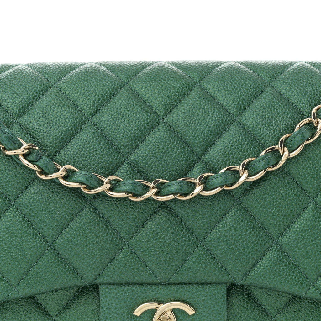 Chanel Metallic Caviar Quilted Jumbo Double Flap Green