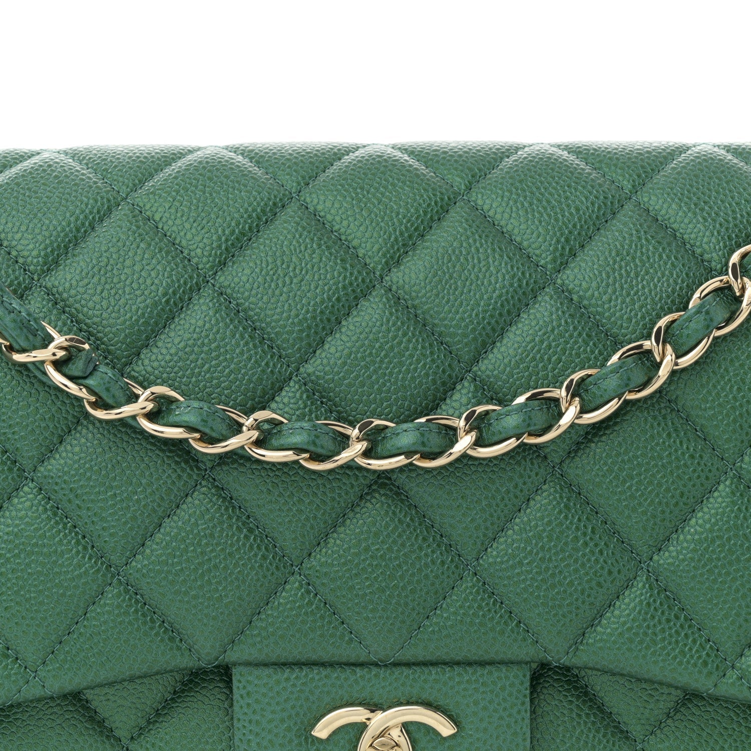 Chanel Metallic Caviar Quilted Jumbo Double Flap Green