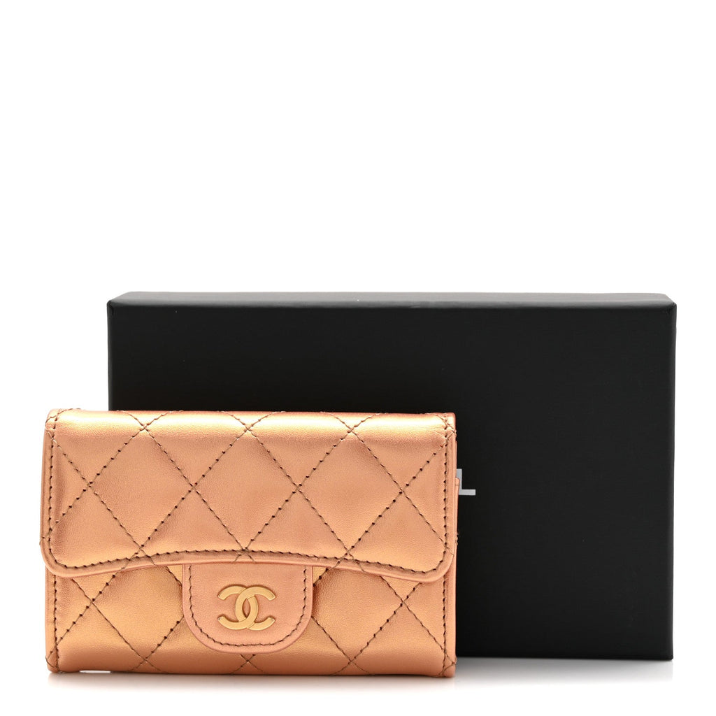 Metallic Lambskin Quilted Flap Card Holder Wallet Golden