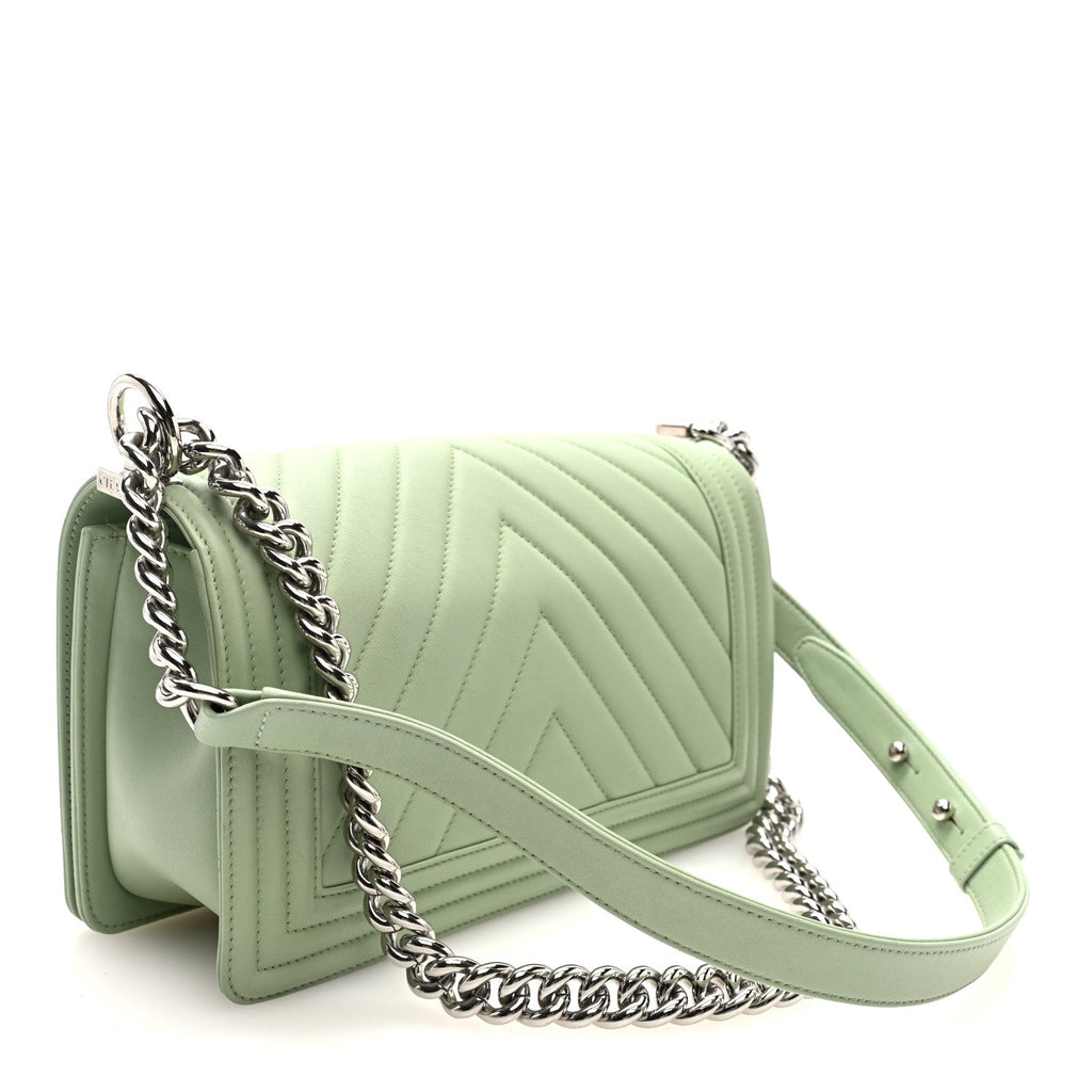 Chanel Calfskin Chevron Quilted Medium Boy Flap Light Green