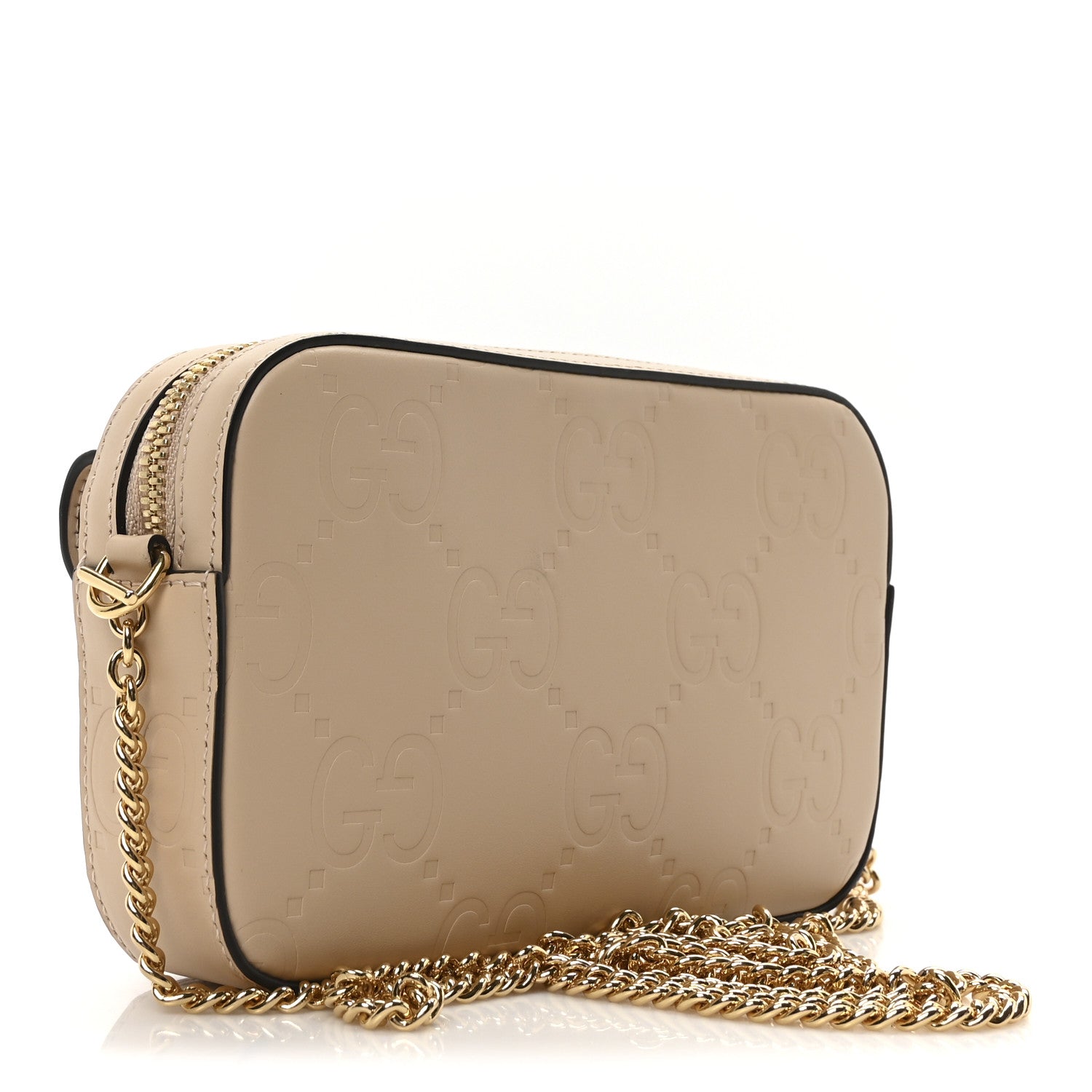 Gucci Calfskin GG Super Mini Debossed Chain Wallet Light Beige