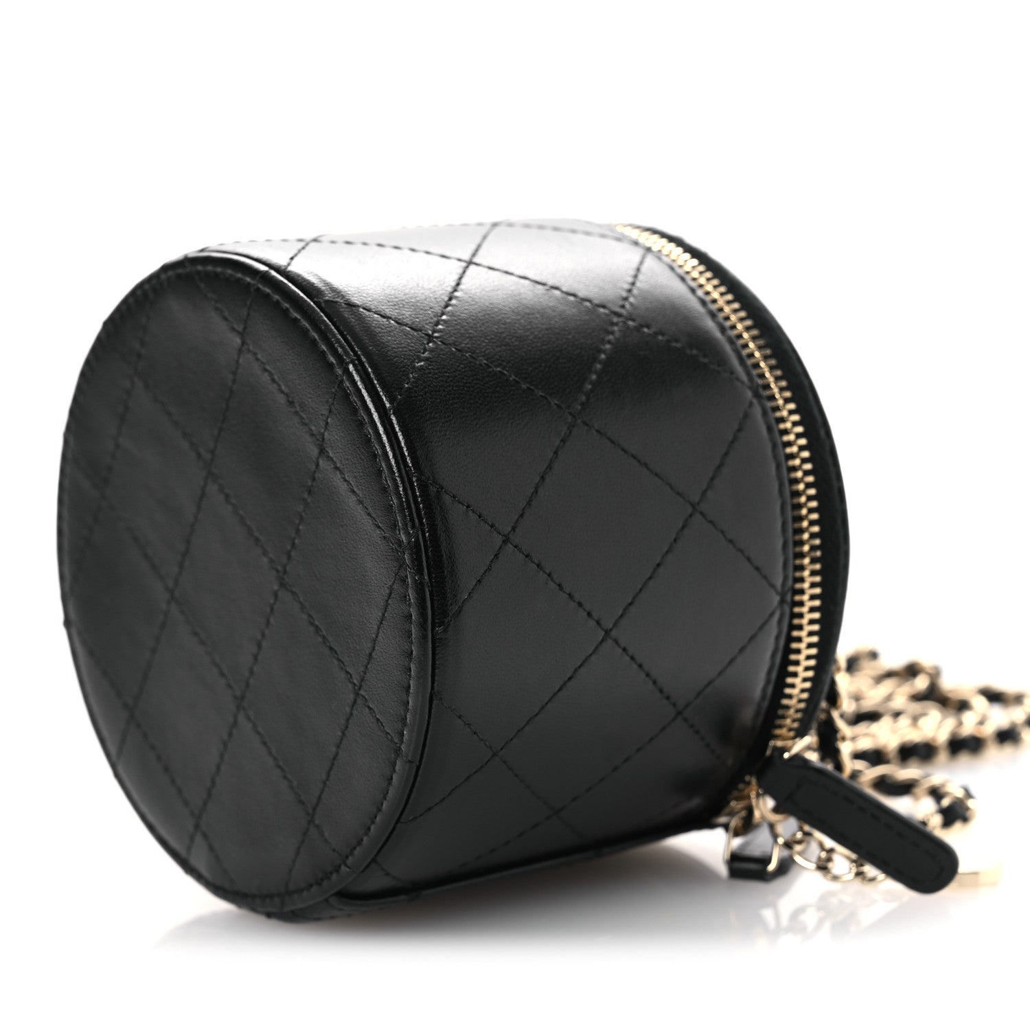 Chanel Lambskin Quilted Round Small Vanity Case With Chain Black